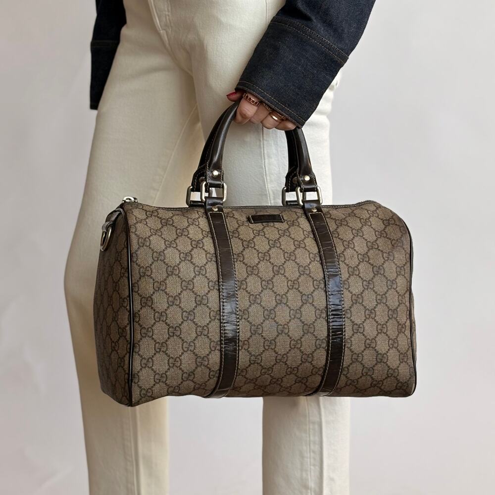 Gucci Joy Boston Bag - GG Supreme Coated Canvas, Dark Brown Patent Leather Trim
